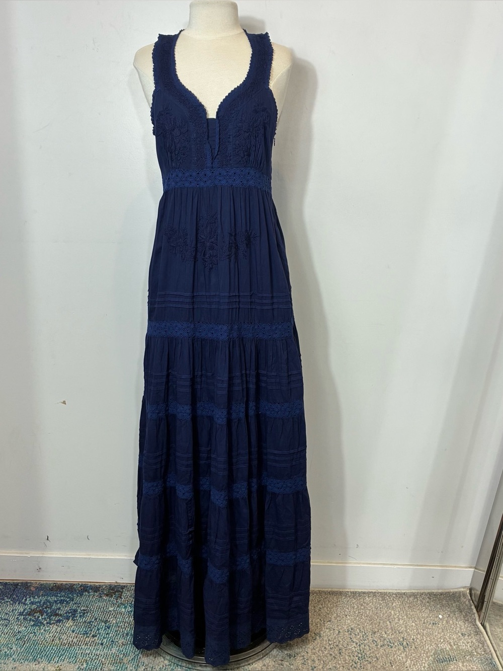 Roller Rabbit Navy Blue Persephone Dress Small Embroidered Lace Tiered Maxi S - Picture 2 of 12